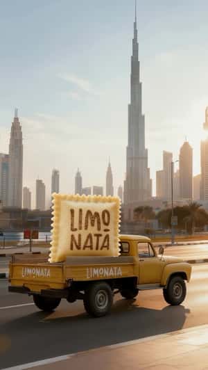 Giant Italian Food on Trucks Across Dubai in a fake-out-of-home ad of Limonata
