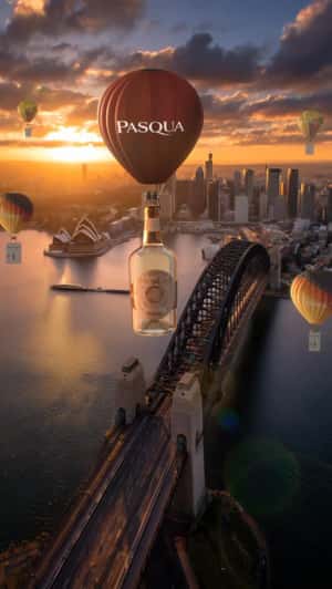 Giant Bottle on Hot Air Balloon in a fake-out-of-home of Pasqua Wines 