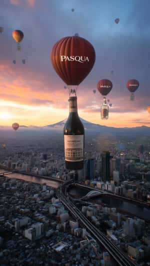 Hot Air Balloons Over Tokyo in a fake-out-of-home ad of Pasqua Wines