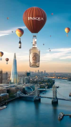 Bottles on Hot Air Balloons Over London in a fake-out-of-home ad of Pasqua Wines 