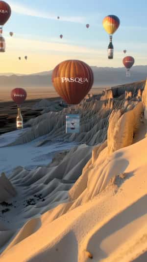 Giant Ode Al Futoro Book Over Cappadocia in a fake-out-of-home ad of Pasqua Wines 