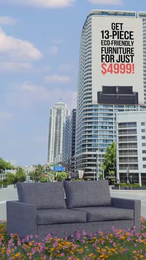 Sofa Lands in Front of Aria on the Bay in a fake-out-of-home ad of Roomlane 