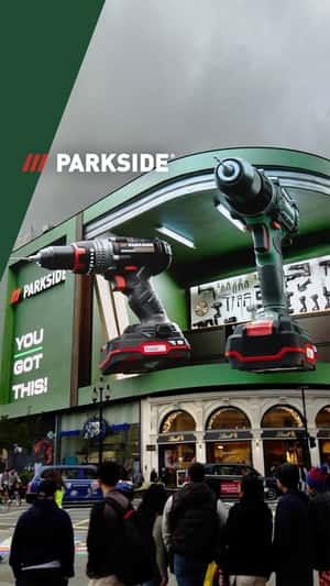 Giant Floating Drills at Picadilly Lights in a fake-out-of-home ad of Parkside