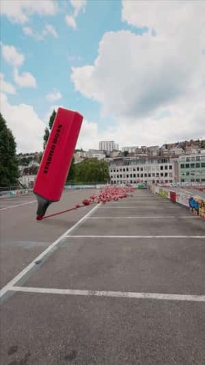 Giant Highlighter Leaves Red Flower Trail in a fake-out-of-home ad of Stabilo