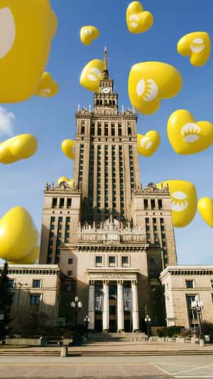 Giant Yellow Floating Heart Balloons in a fake-out-of-home ad of Andersen 