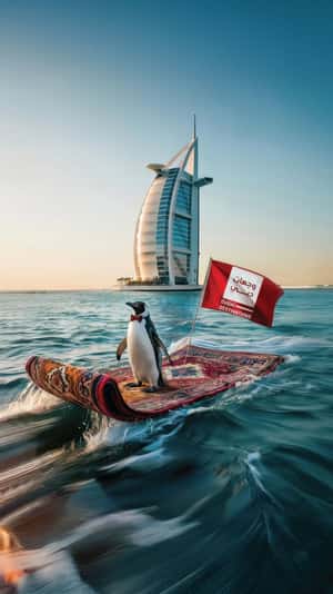 Penguin on Carpet at the Persian Gulf in a fake-out-of-home ad of BrandDubai 