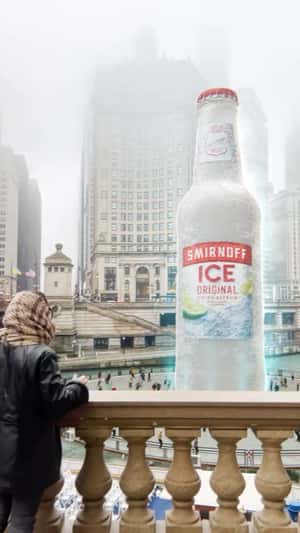 Giant Bottle in Chicago fake out of home ad of Smirnoff