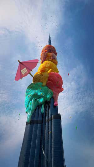 Giant Ice Cream Scoops at Burj Khalifa in a fake-out-of-home ad of BrandDubai 