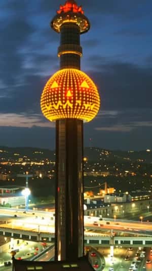 Halloween Display at Spittelau Incinerator in a fake-out-of-home ad of Wien Energie 