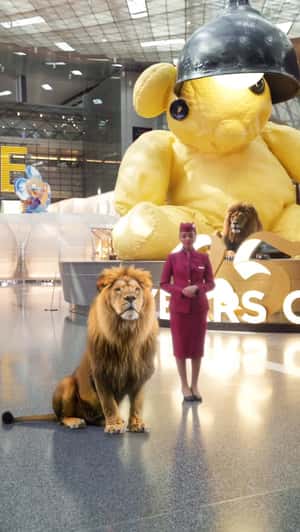 Lion Roars Inside Airport in a fake-out-of-home ad of Qatar Airways