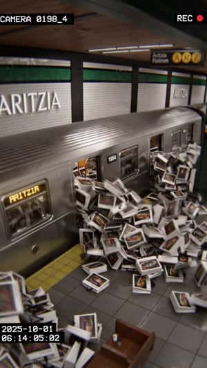 Shopping Bags Overflow From Train in NYC Subway in a fake-out-of-home ad of Aritzia