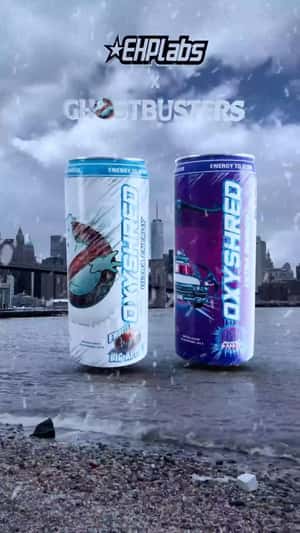 Giant OxyShred Cans on the East River in a fake-out-of-home ad of EHPlabs 