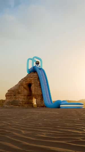 Astro on Inflatable Slide in the Desert in a fake-out-of-home ad of PlayStation 