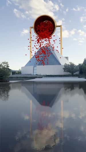 Giant Gold Bucket Installation at Ismaili Centre in a fake-out-of-home ad of Prairies & Petals