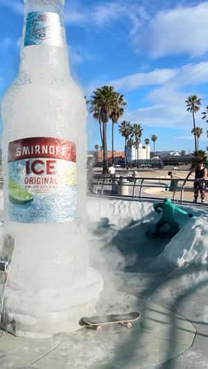 Giant Bottle in Venice Beach fake out of home ad of Smirnoff