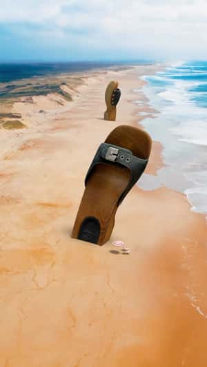 Giant Sandals on Beach Shore in a fake-out-of-home ad of RE/DONE 
