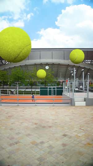 Giant Floating Tennis Balls at Stade Roland Garros in a fake-out-of-home ad of Renault 