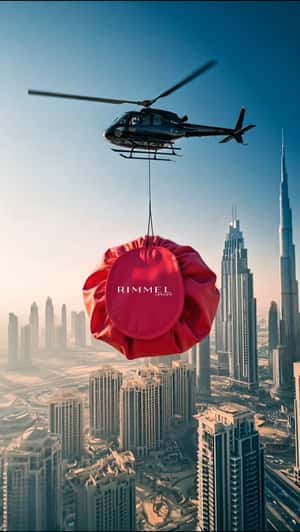 Giant Red Bag Airlifted by Helicopter in a fake-out-of-home ad of Rimmel 