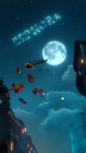 Flying Reindeer Shower Town with Gifts in a fake-out-of-home ad of Sephora