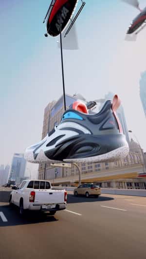 Helicopters Airlift Giant Shoes in a fake-out-of-home ad of Anta Sports