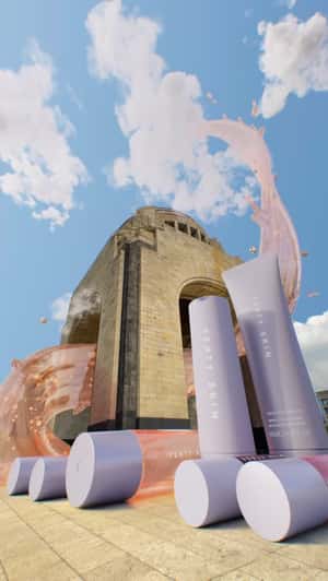 Giant Products Arrive at the Monument to the Revolution in a fake-out-of-home ad of Fenty Skin
