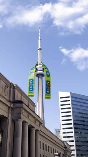 Scarf on CN Tower in a fake-out-of-home ad of FIFA World Cup 26
