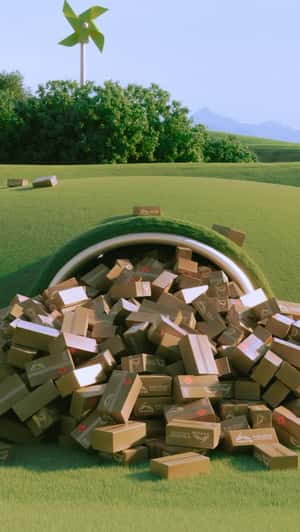 Boxes Overflow from Tunnel in Hill in a fake-out-of-home ad of Huni