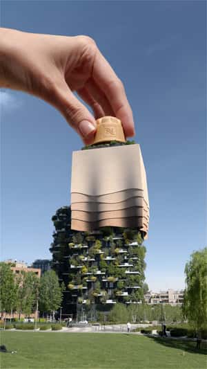 Coffee Emerges Atop Bosco Verticale in a fake-out-of-home ad of Nespresso