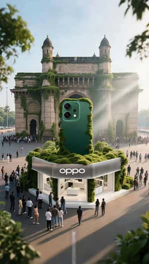 Giant Phone Covered in Green Moss in a fake-out-of-home ad of Oppo