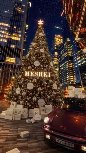 Car Delivers Gifts to Christmas Tree in a fake-out-of-home ad of MESHKI