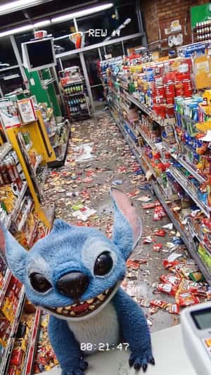 Stitch 7-Eleven Mayhem in a fake-out-of-home ad of Blacin Shop