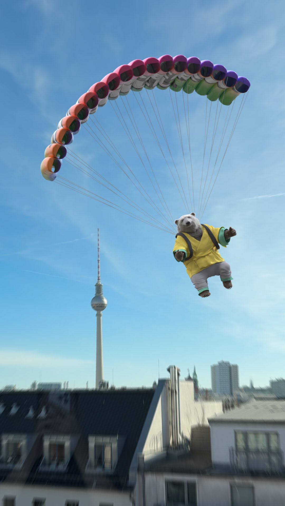 Polar Bear Paraglides Through Germany in a fake-out-of-home ad of Super Chill