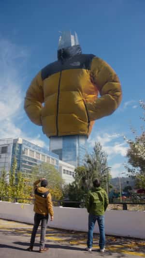Giant Puffer on Skyscraper in a fake-out-of-home ad of The North Face