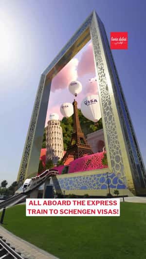 Visa Services Train Emerges from Dubai Frame in a fake-out-of-home ad of Lovin Dubai