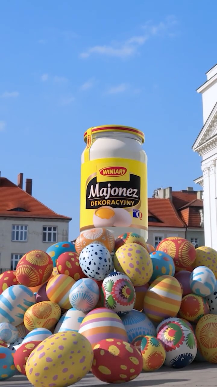 Giant Mayonnaise Jar Rises from Easter Eggs in a fake-out-of-home ad of Winiary 