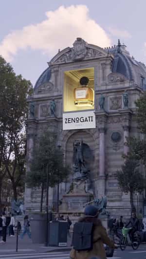 Giant Perfume on Saint-Michel Fountain in a fake-out-of-home ad of Zenogati 
