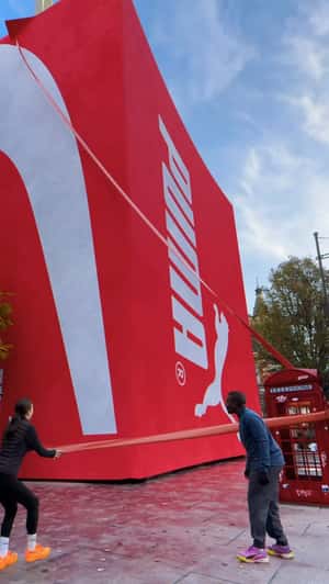 Giant Fabric Reveals Store in a fake-out-of-home ad of Puma