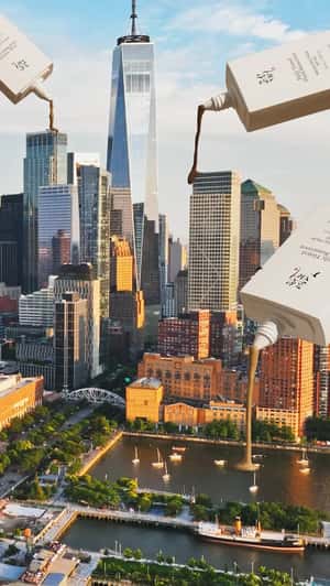 Giant Products Dispense Over NYC in a fake-out-of-home ad of Beauty of Joseon 