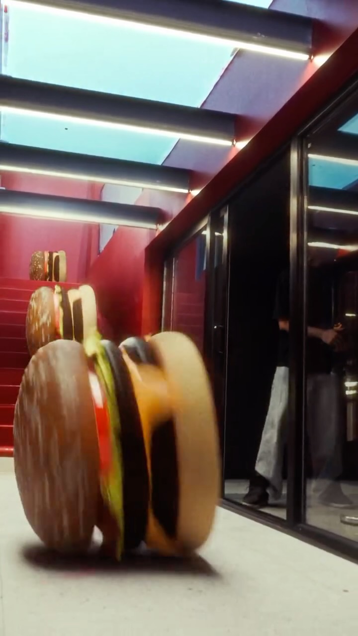 Giant Burgers Roll Down Stairs in a fake-out-of-home ad of Bergerto