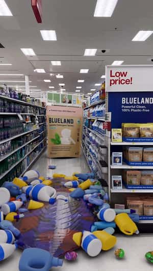 Massive Cleaning Tablet Clears Floor in a fake-out-of-home ad of Blueland 