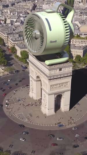 Giant Fan Atop Arc de Triomphe in a fake-out-of-home ad of Shark Clean