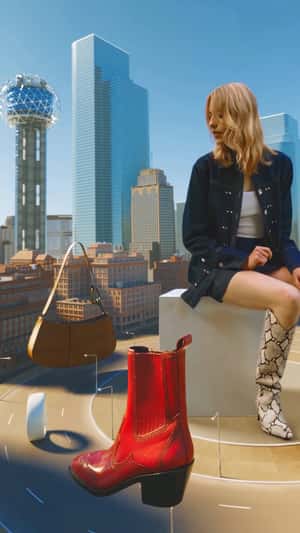 Woman Surrounded by Fashion Carousel in a fake-out-of-home ad of Shopbop