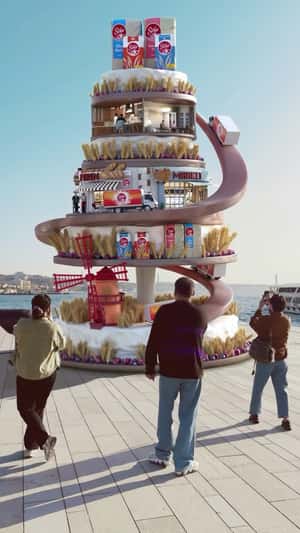 Massive Spiral Tower Installation in a fake-out-of-home ad of Söke