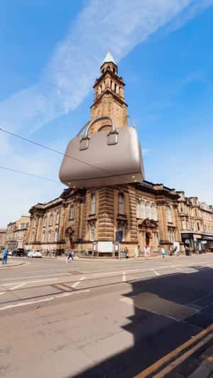 Giant Bags Display in Edinburgh in a fake-out-of-home ad of Strathberry