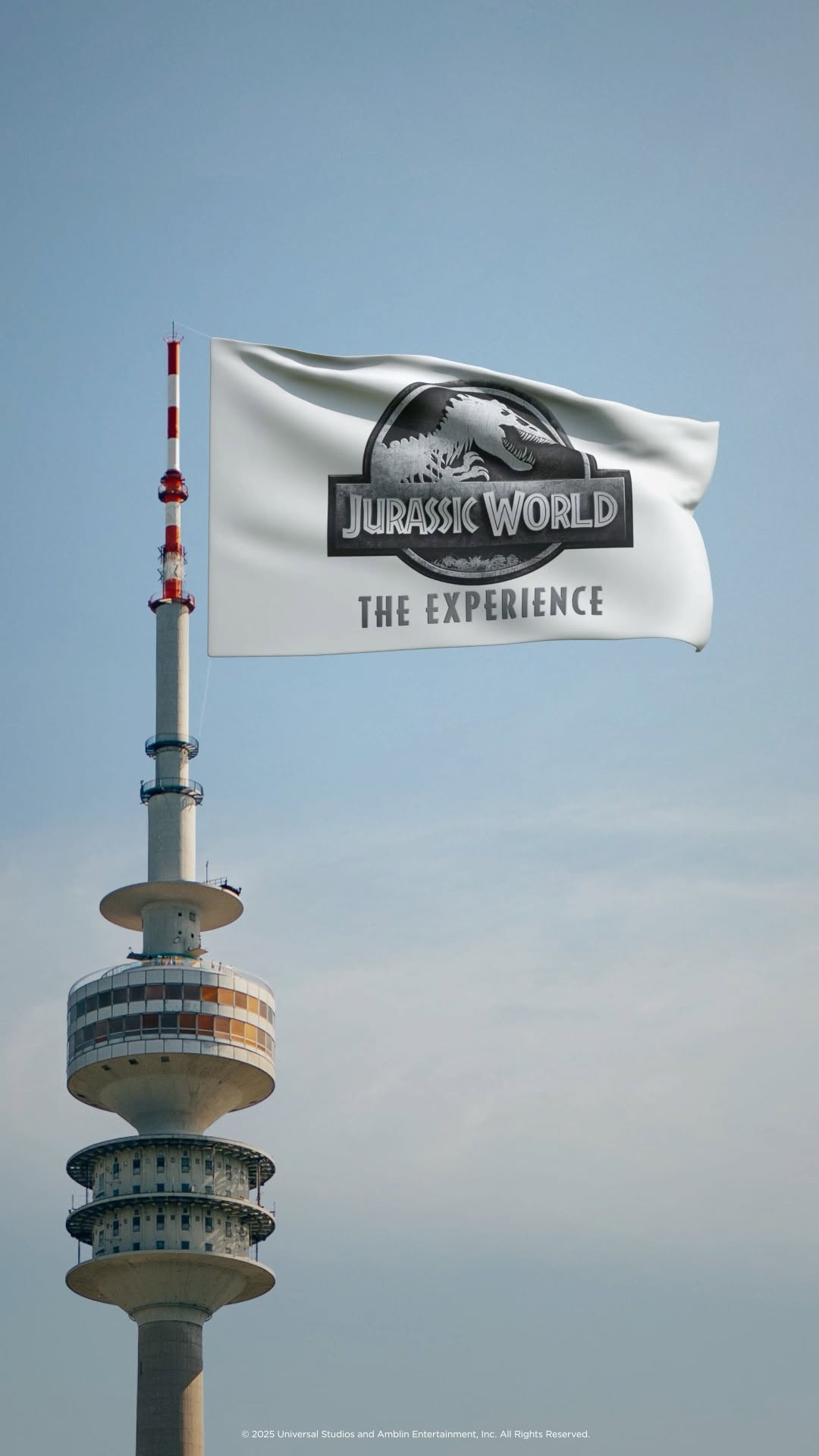 Flag at Olympic Tower in a fake-out-of-home ad of Jurassic World: The Experience