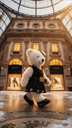 Bear Walks by La Galleria Storefront in a fake-out-of-home of Prada