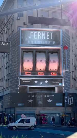 Giant Slot Machine on Facade in a fake-out-of-home ad of Fernet 777 
