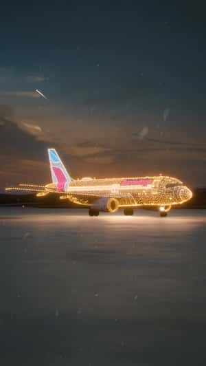 Aircraft Adorned with Christmas Lights in a fake-out-of-home ad of Eurowings