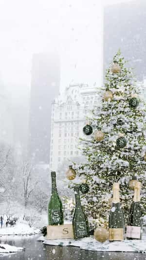 Giant Bottles Stage Christmas Tree in a fake-out-of-home ad of Champagne Delamotte