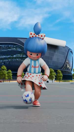 Mascot Kicks Soccer Ball to Stadium in a fake-out-of-home ad of Amul